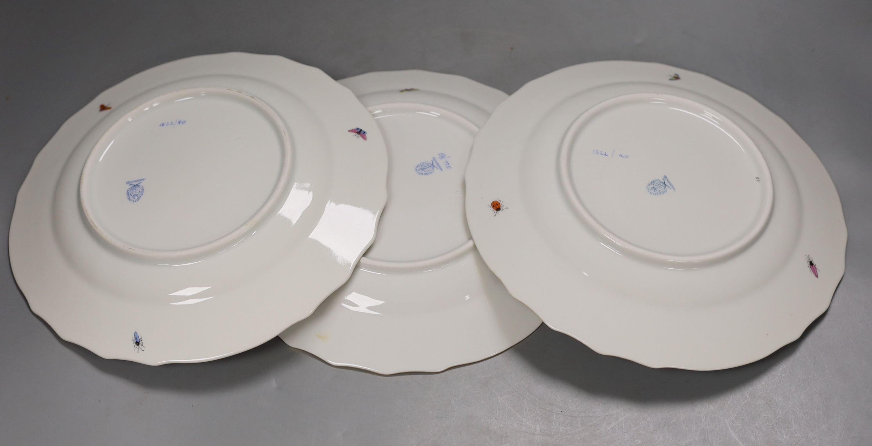 Eight Herend Rothschild bird hand painted dessert plates, 23 cms diameter.